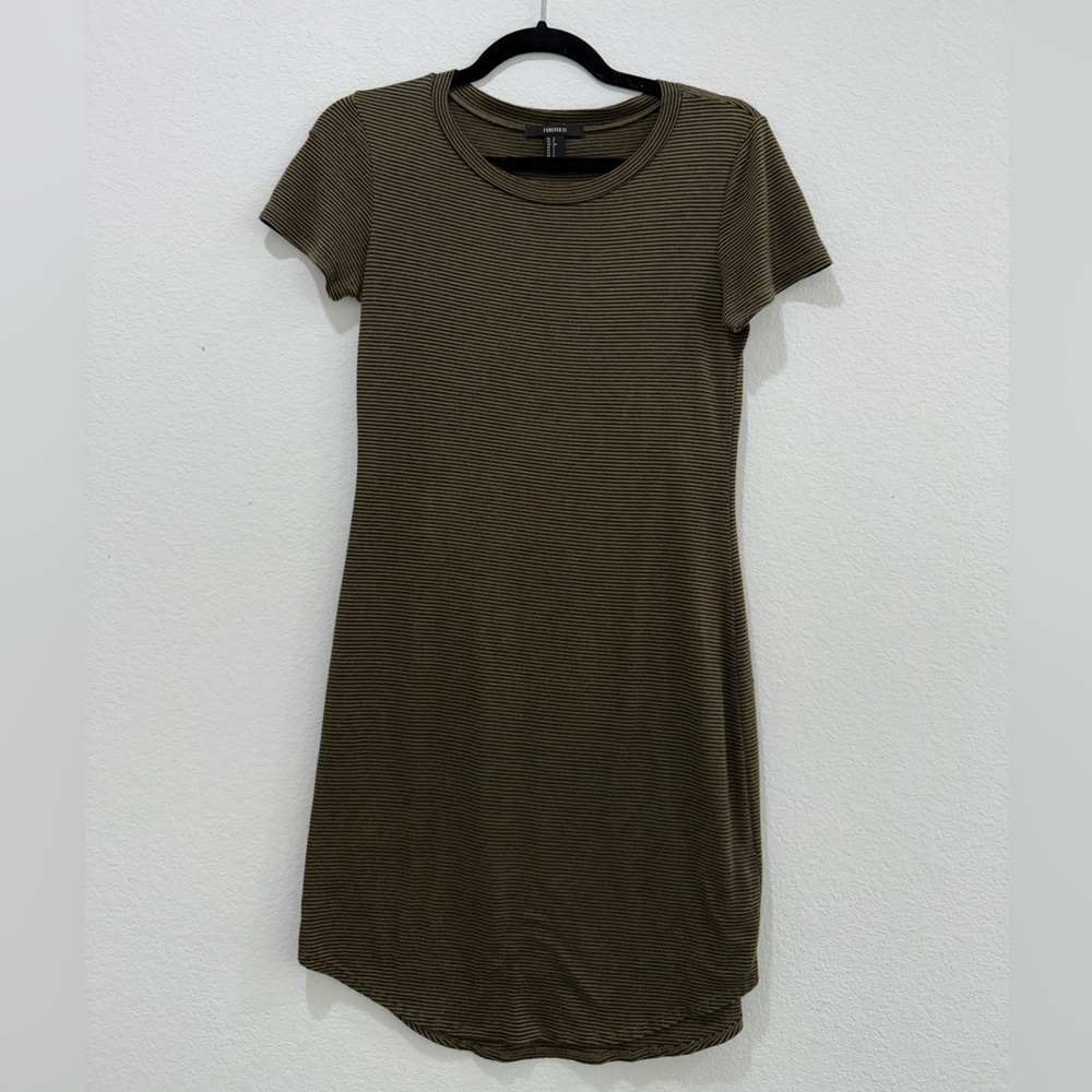 Forever 21 Olive Green and Black Striped T-Shirt Dress Size Small